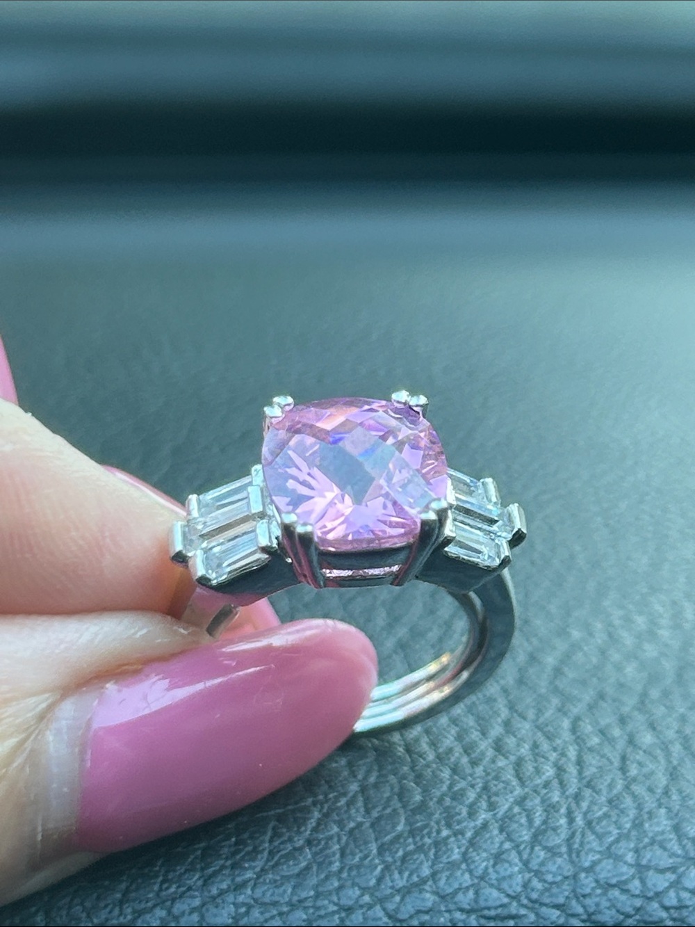 Avon Pink Cushion-Cut Halo Baguette Ring in Silver